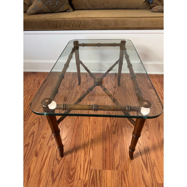 Mid 20th Century Vintage Regency Faux Bamboo Brown Metal, Brass & Glass Coffee Table For Sale - Image 5 of 11