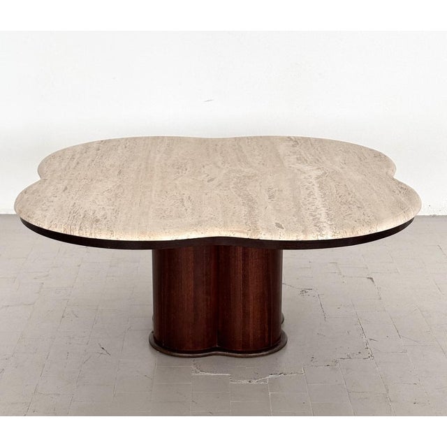Large Mid-Century Modern Clover Coffee Table in Travertine and Dark Oak, 1970s For Sale - Image 18 of 18