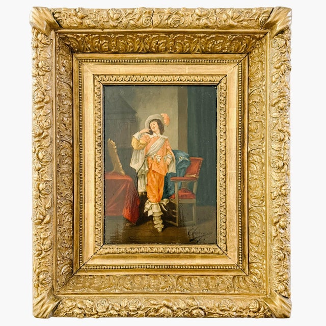 A captivating pair of mid-19th-century Italian oil on panel paintings depicting romanticized, theatrical scenes of 17th-...