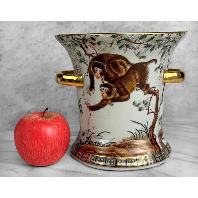 - Original 1970's Chinese Chinoiserie Monkey Around Vessel Pot - Heavily Decorated Glazed Porcelain with Gold Gilded...
