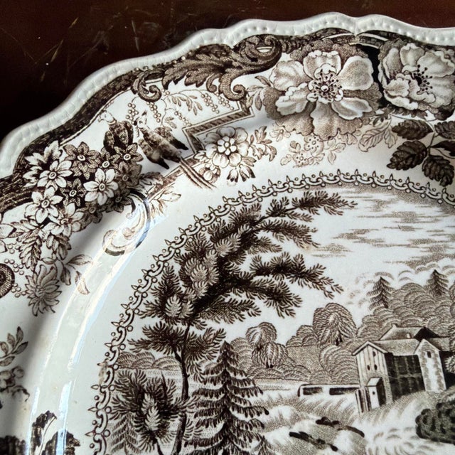 Farmhouse Antique Brown Transferware Staffordshire Plate, "Baker's Falls, Hudson River" For Sale - Image 3 of 14
