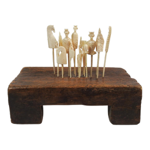 19th Century Carved Bone Game Pieces Collection With Wood Stand