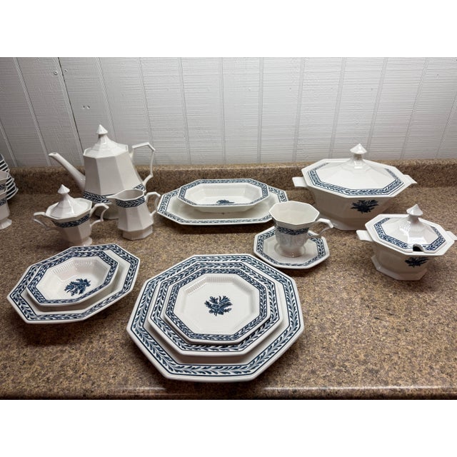 Mid-Century Modern 1960s “Blue Tulip” Independence Ironstone by Castleton China Set, Service for 12 - 91pcs For Sale - Image 3 of 12
