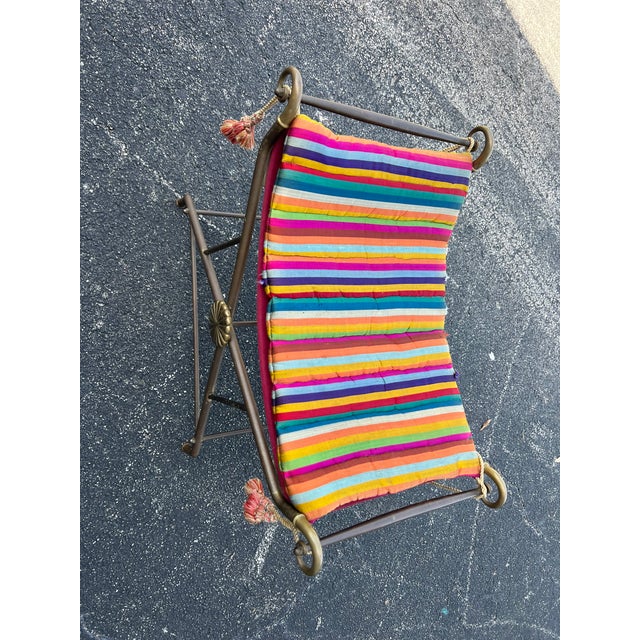Mid 20th Century Vintage Hollywood Regency Campaign Style Wrought Iron Curved Sling Bench For Sale - Image 5 of 12
