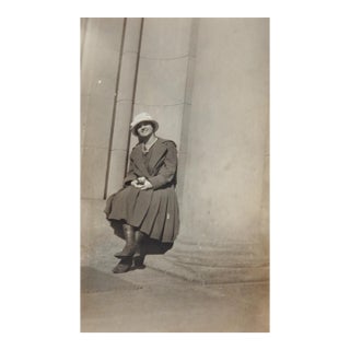 Early 20th Century Portrait Woman and Columns Snapshot Photograph For Sale