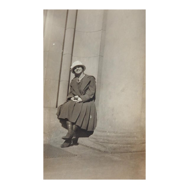Early 20th Century Portrait Woman and Columns Snapshot Photograph For Sale