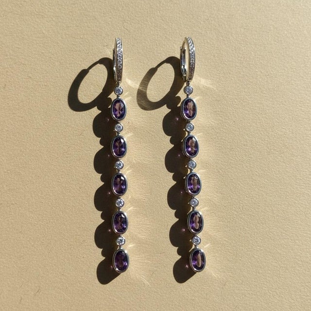 Purple Amethyst Huggie Drop Earrings, Silver, Gold, Pair For Sale - Image 8 of 9