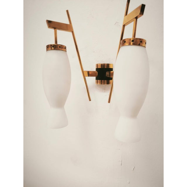 1960s Brass Wall Lamp with Double Opal Glass Light, 1960s For Sale - Image 5 of 14