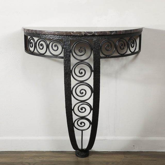 Metal Art Deco Demilune Wrought-Iron Spiral & Noir St Laurent Marble Console Table For Sale - Image 7 of 17