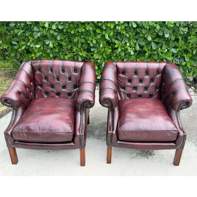 English Vintage Chesterfield Club Chairs in Oxblood Leather For Sale - Image 3 of 18