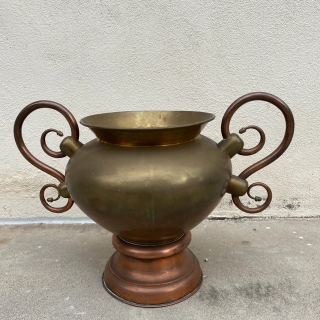 Antique Copper & Brass Double Handle Jardiniere Planter For Sale In Los Angeles - Image 6 of 12