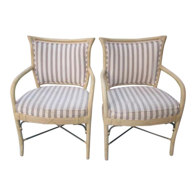 1970s Ferguson Bamboo Rattan Arm Chair With Wash Wood Frame Upholstered Seat- a Pair For Sale