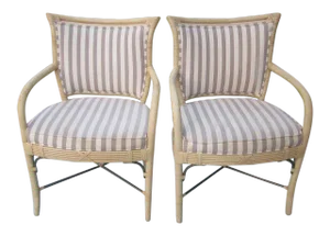 1970s Ferguson Bamboo Rattan Arm Chair With Wash Wood Frame Upholstered Seat- a Pair