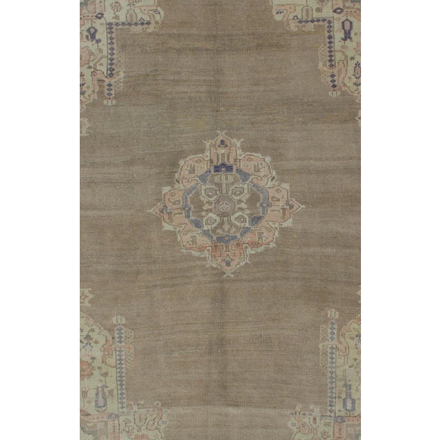 Tribal Vintage Turkish Oushak Rug With Taupe, Coral, Blue and Soft Green Tones For Sale - Image 3 of 9