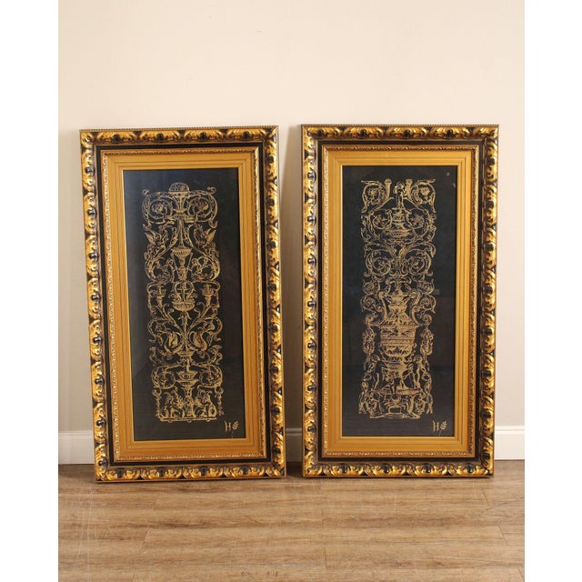 Quality Pair of Giltwood Framed Decorative Prints of Scrolling Acanthus Vines, Urns, and Cherubs