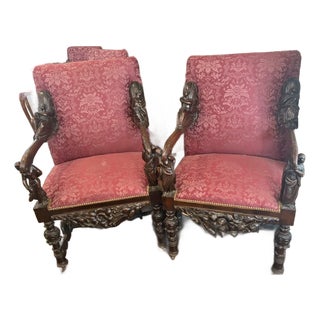 Pair Antique Baroque Walnut Italian Armchairs Carved Andrea Brustolon Style For Sale