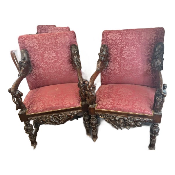 Pair Antique Baroque Walnut Italian Armchairs Carved Andrea Brustolon Style For Sale