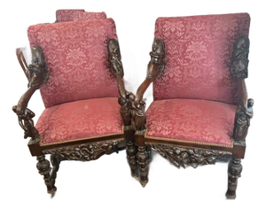 Pair Antique Baroque Walnut Italian Armchairs Carved Andrea Brustolon Style