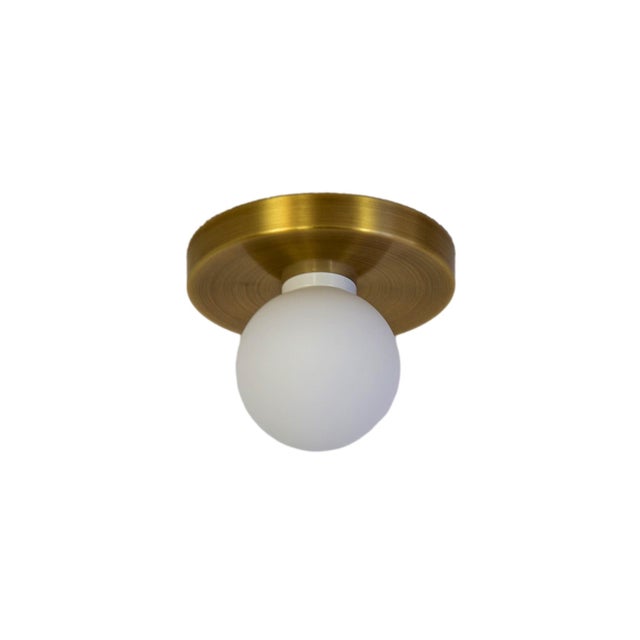 Modern Globe Flush Mount Brushed Brass, 3 Inch Glass Globe, by Research.Lighting, Modern, Minimal For Sale - Image 3 of 6