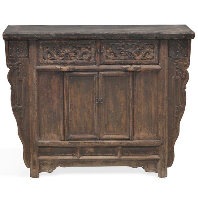 Wood Antique Chinese Side Cabinet with Carved Drawers For Sale - Image 7 of 7
