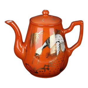 Chinese Vintage Ceramic Tea Pot,Red Ground Gold Tracing Porcelain Tea Pot Hand Painted Pine and Crane Pattern