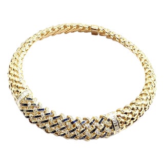 Vintage Tiffany & Co. Vannerie Diamond Sapphire Basket Weave Yellow Gold Necklace For Sale