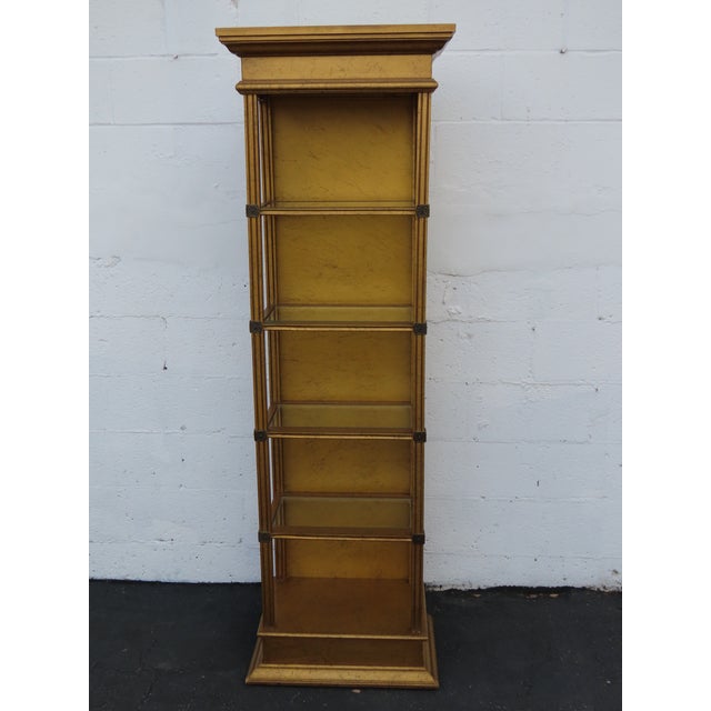 Hollywood Regency Tall Narrow Distressed Gold Display Shelf Cabinet 6661 For Sale - Image 4 of 15