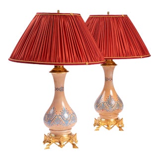 Gothic Style Gilt Bronze & Opaline Table Lamps, 1890s, Set of 2 For Sale
