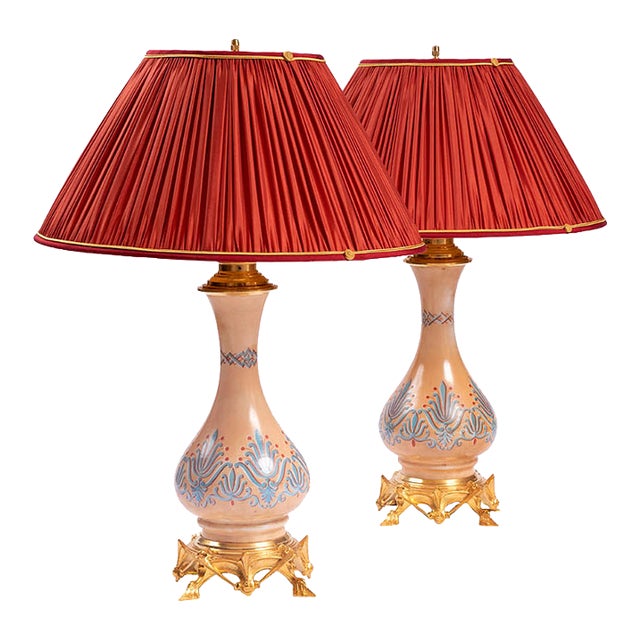 Gothic Style Gilt Bronze & Opaline Table Lamps, 1890s, Set of 2 For Sale