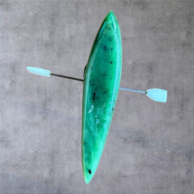 Native American Vintage Inuit Jade Carving Hunter in Kayak Sculpture Hand Carved Canada Art 5" For Sale - Image 3 of 9