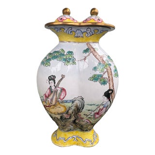 Vintage Chinese Style Enameled Brass Scenic Vase With Double Finial Lid, Hand-Painted Figures For Sale