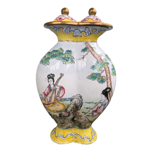 Vintage Chinese Style Enameled Brass Scenic Vase With Double Finial Lid, Hand-Painted Figures