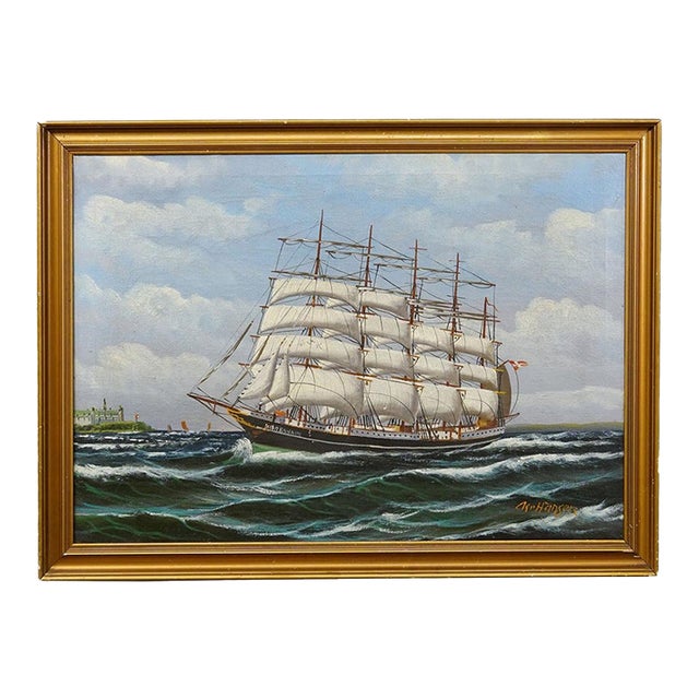 Marine Oil Painting - Five-Masted Barque Off Kronborg Kristian Hansen, 1950s For Sale