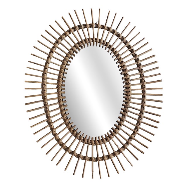 Vintage Oval Rattan Wall Mirror, 1970s For Sale