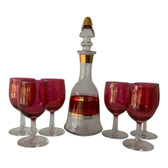 Vintage Cranberry Glasses With Matching Cranberry & Gold Decanter Set- 7 Pieces For Sale
