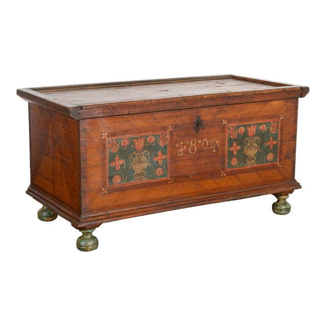 Original Painted Flat Top Trunk With Flowers, Austria Dated 1804 For Sale