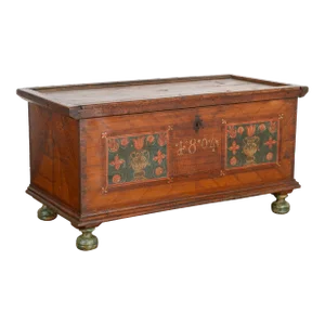 Original Painted Flat Top Trunk With Flowers, Austria Dated 1804