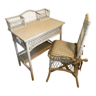 Early 20th Century White Wicker Desk and Chair Set With Basket Organizers For Sale