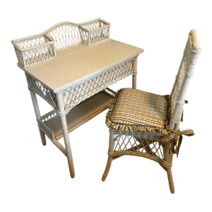 Early 20th Century White Wicker Desk and Chair Set With Basket Organizers