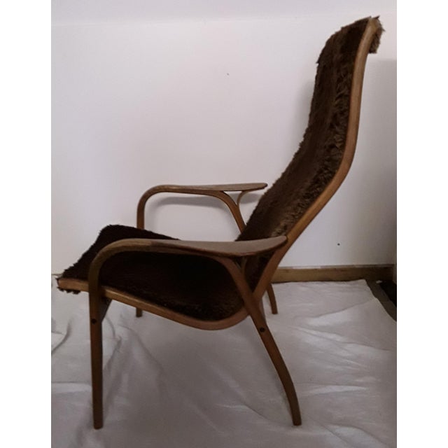 Vintage Swedish Oak Plywood, Linen & Brown Plush Armchair by Yngve Ekström for Swedese, 1965 For Sale - Image 3 of 13