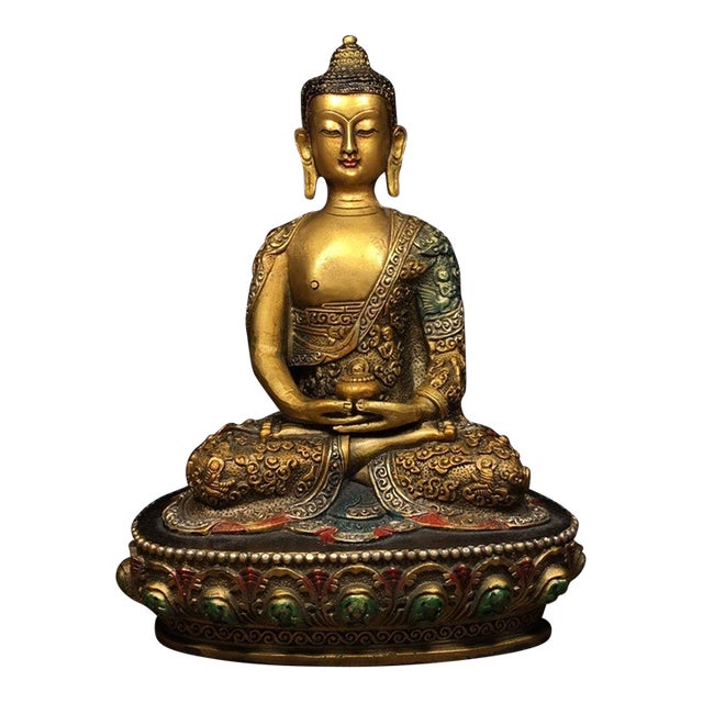 Vintage Gilt Brass Shakyamuni Buddha Statue With Polychrome Robe & Lotus Base For Sale