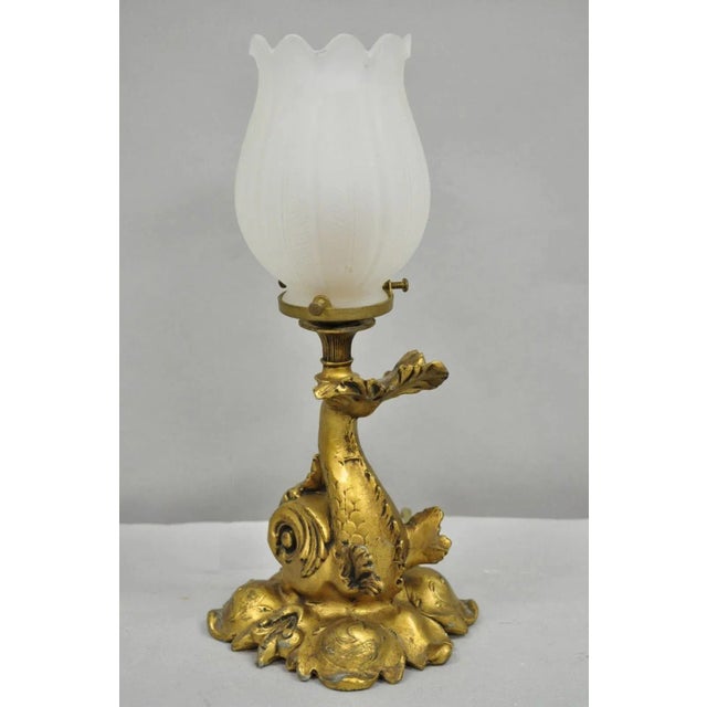 Metal Antique French Art Nouveau Small Gold Gilt Metal Figural Dolphin Table Lamp For Sale - Image 7 of 11