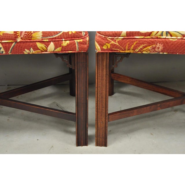 Brown Vintage Chinese Chippendale Style Carved Mahogany Fretwork Bench Stool - Pair For Sale - Image 8 of 12