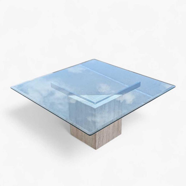 1980s Postmodern Glass Coffee Table With Travertine Base For Sale - Image 11 of 18