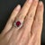 Vintage Faux Ruby Cocktail Ring Pear Baguette Sterling Silver Cubic Zirconia Halo Cluster Size 8 For Sale - Image 11 of 11