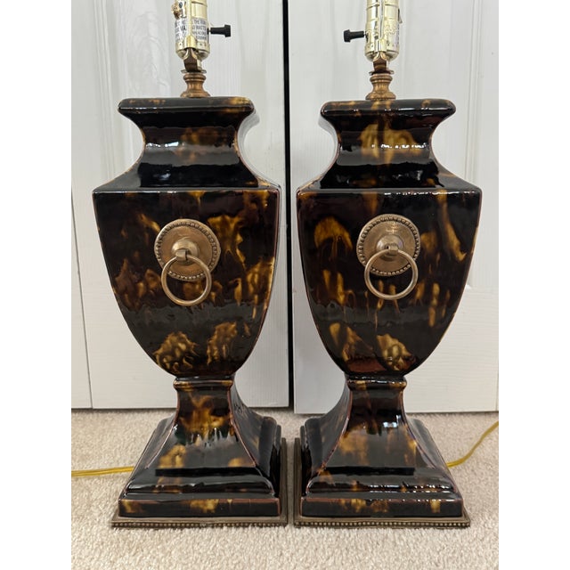 Black Contemporary Currey & Company Crestview Tortoise Shell Ceramic Neoclassical Table Lamps - Pair For Sale - Image 8 of 17