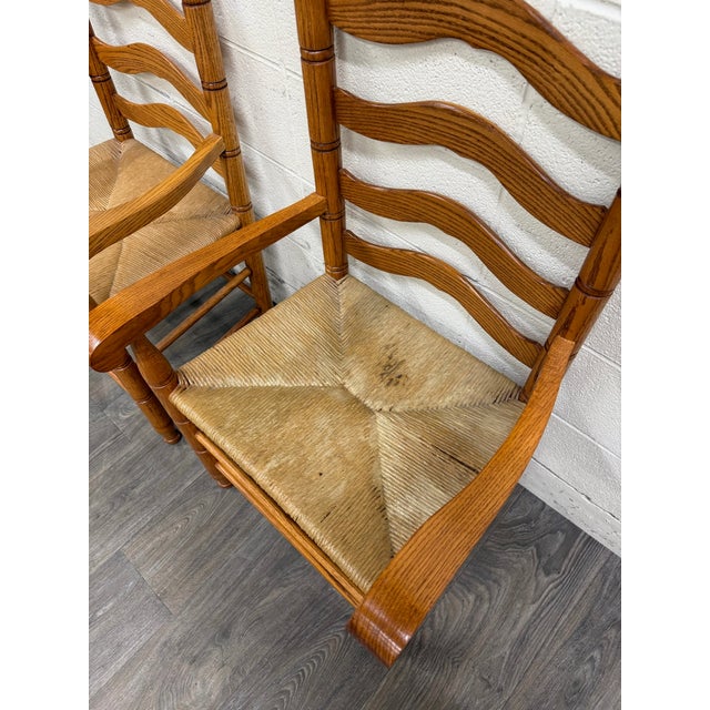 Vintage Country French Style Solid Oak Ladder Back Handwoven Rush Seat Armchairs For Sale In Kansas City - Image 6 of 10