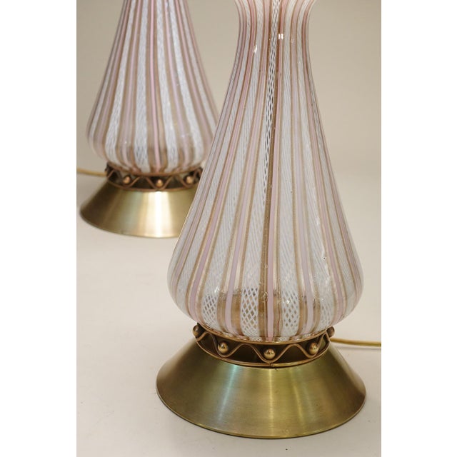1960 Large White & Pink Barovier Toso Murano Italy Latticino Blown Art Glass Brass Table Lamps - a Pair For Sale In Los Angeles - Image 6 of 13