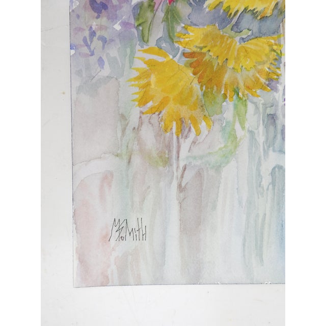 Contemporary late 20th century watercolor on paper painting of yellow and purple flowers by Margaret Smith (20th 21st...