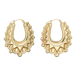 Textured Oval Hoop Earrings Vintage 14k Yellow Gold Drops Estate Jewellery - 2 Pieces